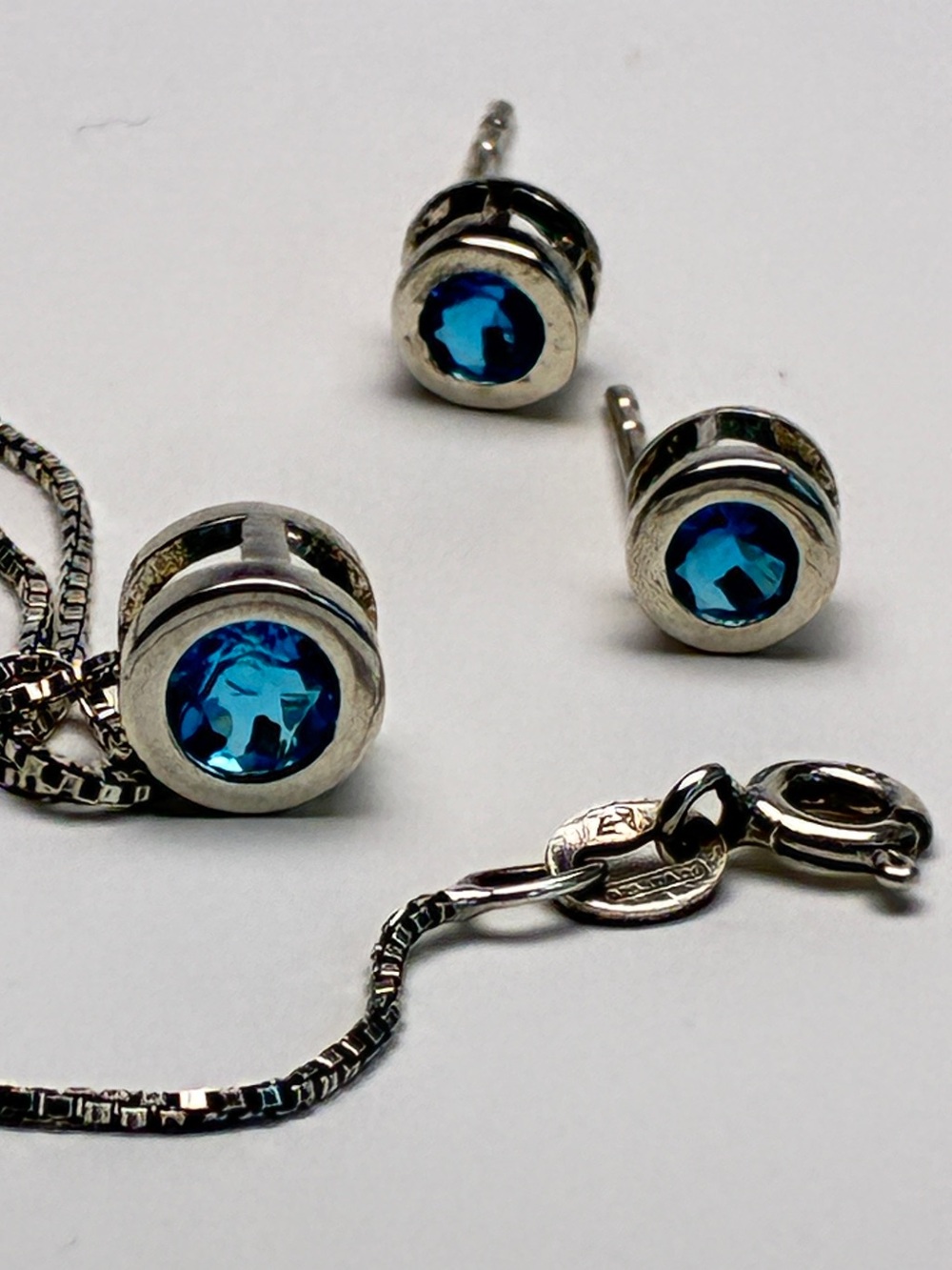Sterling Silver Blue Crystal Stud Earrings and Pendant Set